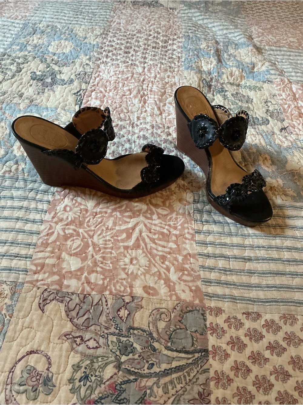 Jack Rogers Black Floral Appliqué Wedge Sandals